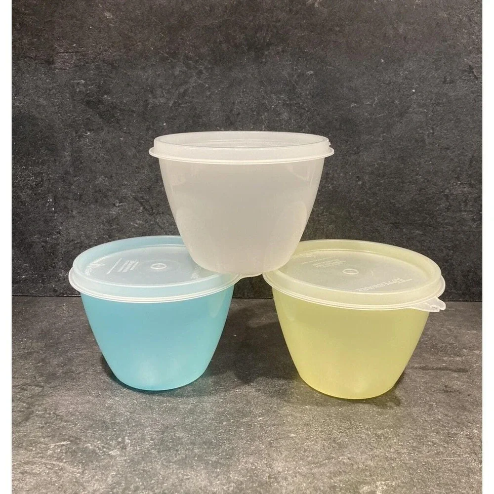 Vtg 60s Tupperware #148 Yellow Blue Sheer Refrigerator Container w #215 Lid